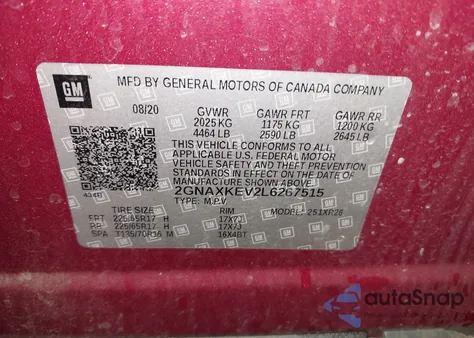 2020 Chevrolet Equinox Fwd Lt 1.5L Turbo из США, поврежденный, VIN 2GNAXKEV2L6267515